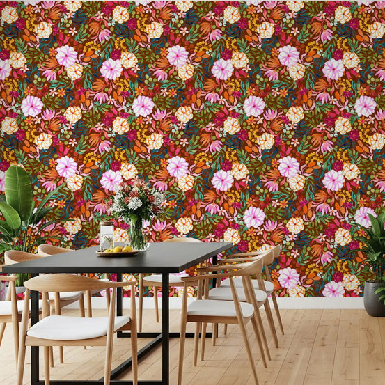 Dining room feature in the Vivid Garden floral wallpaper GD12024