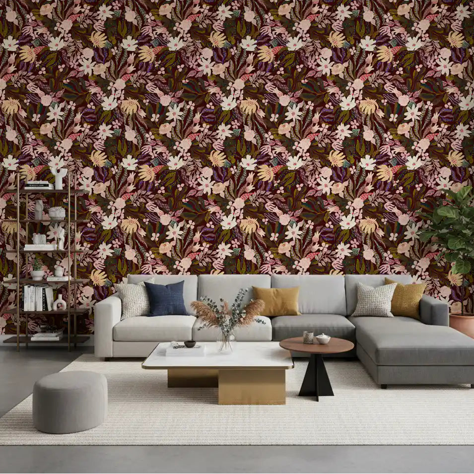 Midnight Botanical Garden wallpaper warms a relaxed living room GD12026