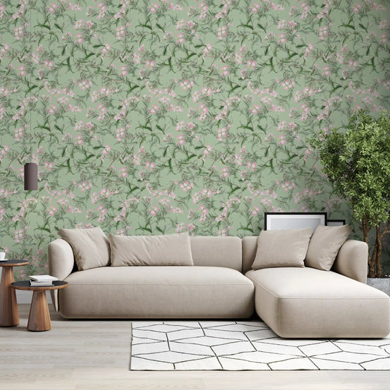 Wallpaper of sage meadow florals lining a calm living room GD12039
