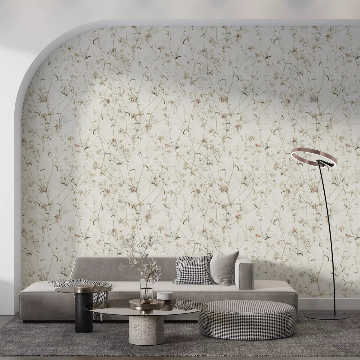 Ethereal Meadow Wildflower Sketch wallpaper set in a living room, GD12043