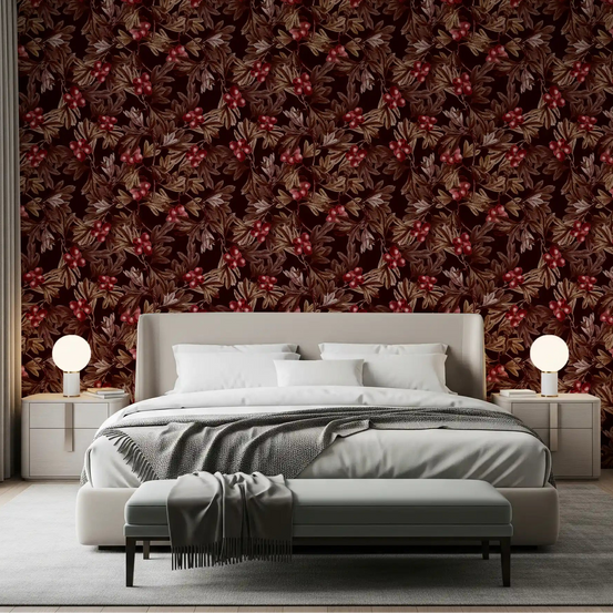 Red berries and brown leaves fill a bedroom feature in botanical wallpaper GD12046
