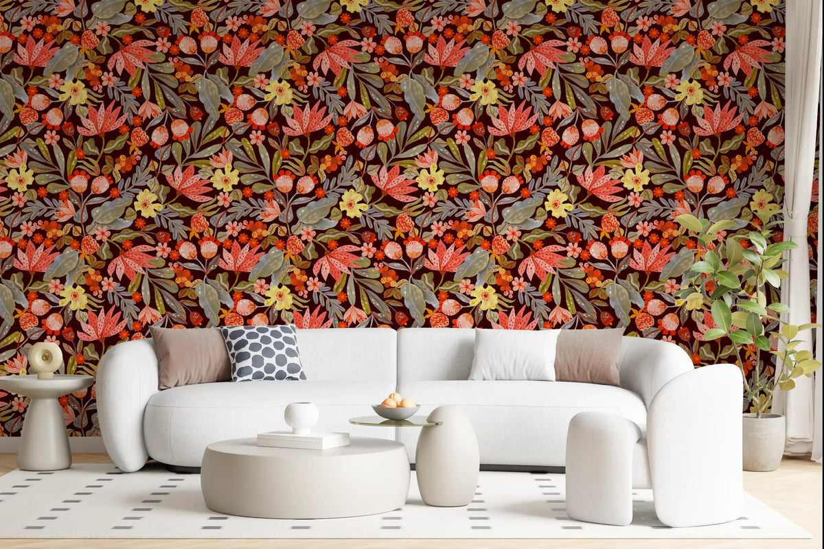 Wallpaper of coral meadow blooms styling a wide living room, GD12067