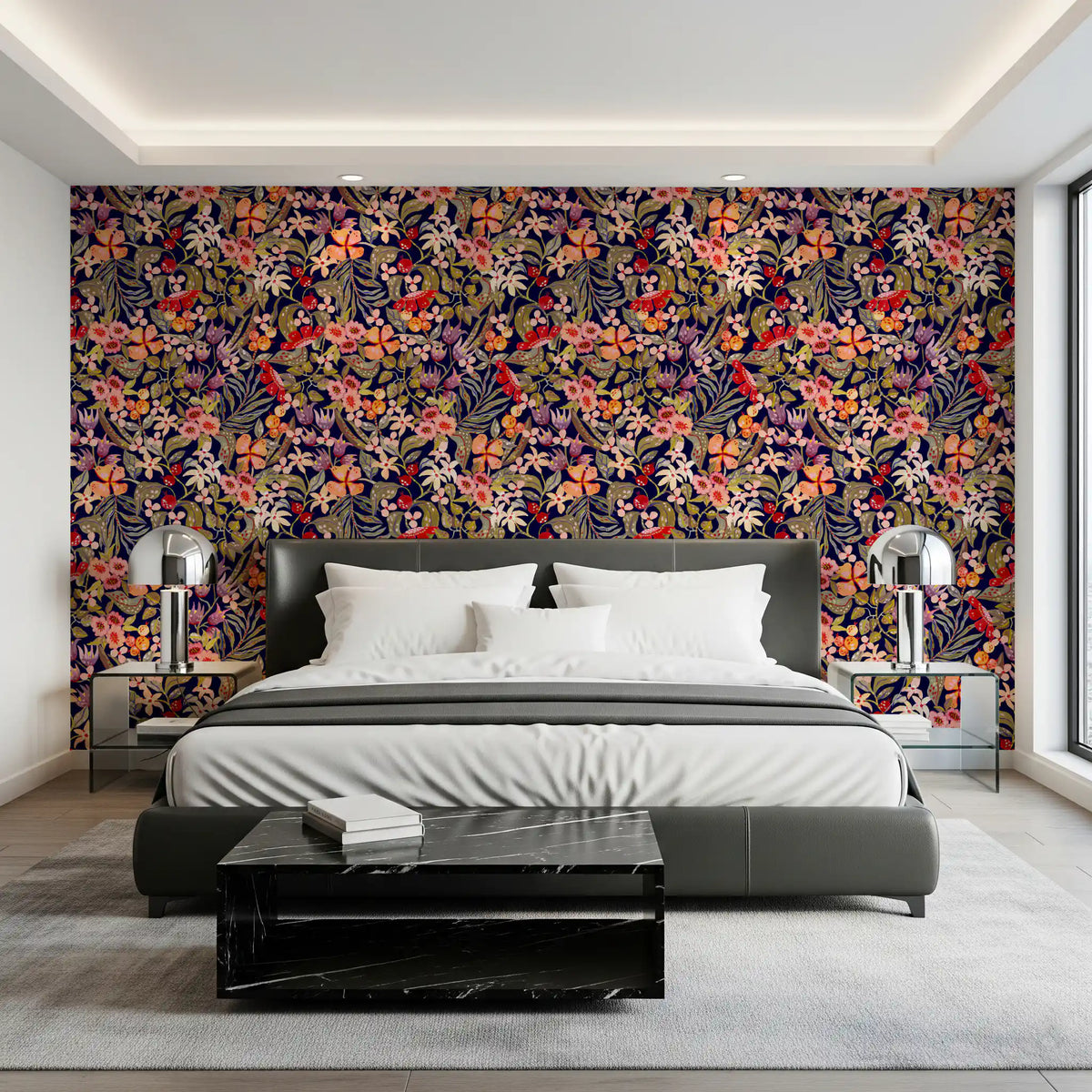 Twilight berry orchard wallpaper glowing behind a calm bedroom GD12068