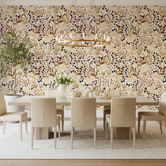In a bright dining room, Autumn Meadow wallpaper feels warm GD12076