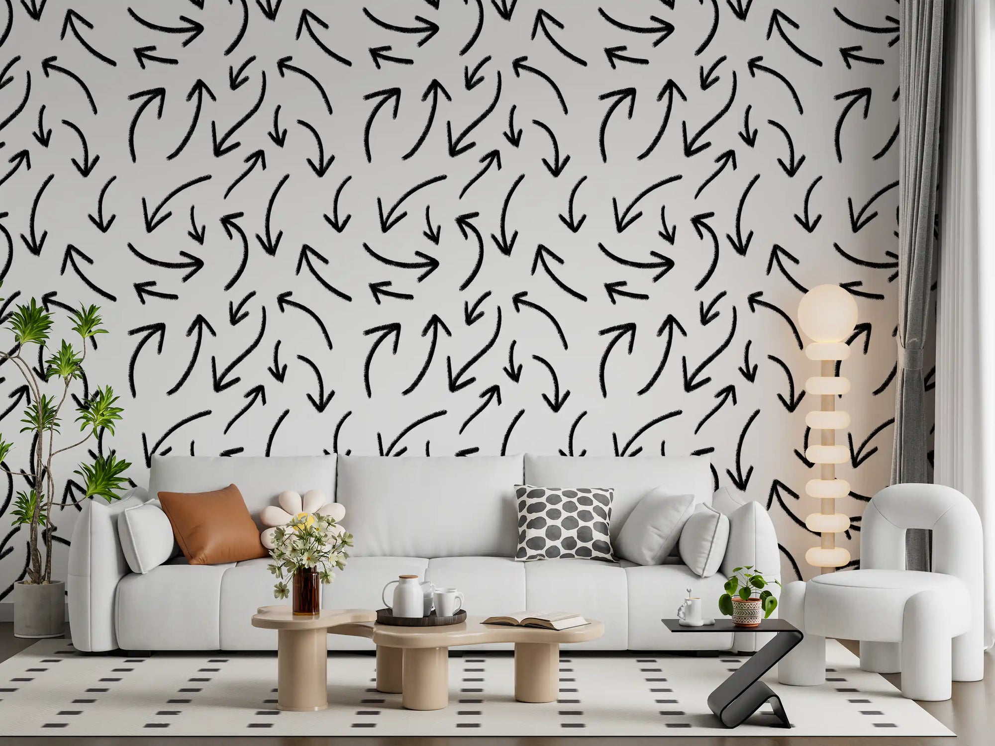 Wallpaper with sketched arrows dressing a light living room GD12081