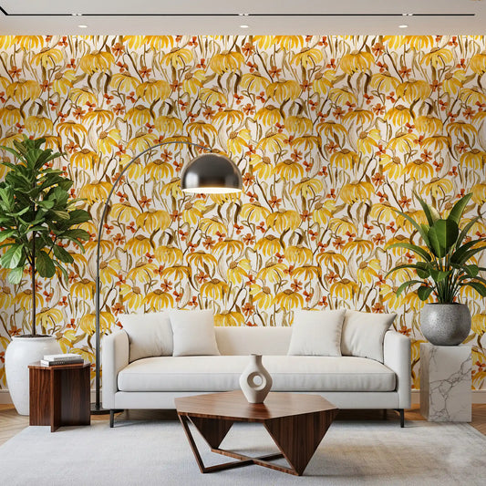 Yellow blooms fill a Living room with this Sunflower Meadow wallpaper GD12083