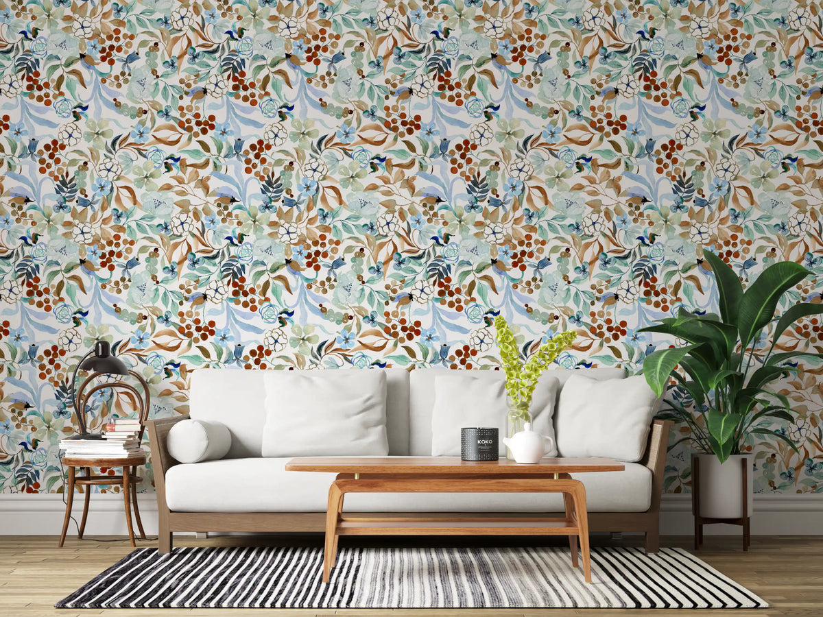 Living room styled in Soft Sage and Blue Meadow wallpaper GD12084