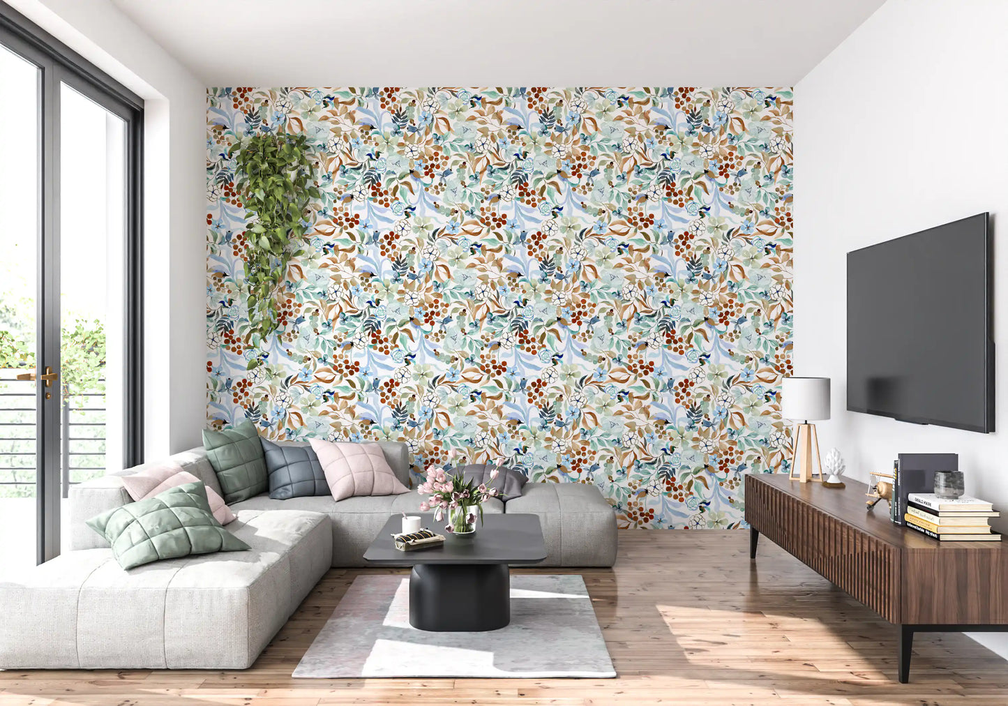Soft Sage and Blue Meadow Pattern Wallpaper⁠