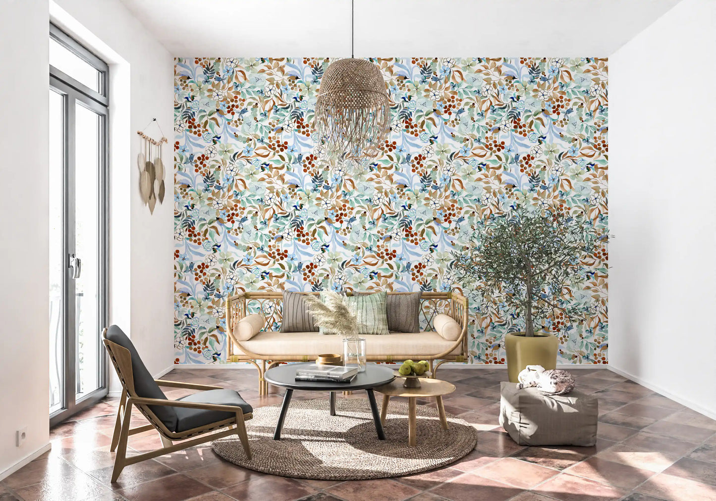 Soft Sage and Blue Meadow Pattern Wallpaper⁠