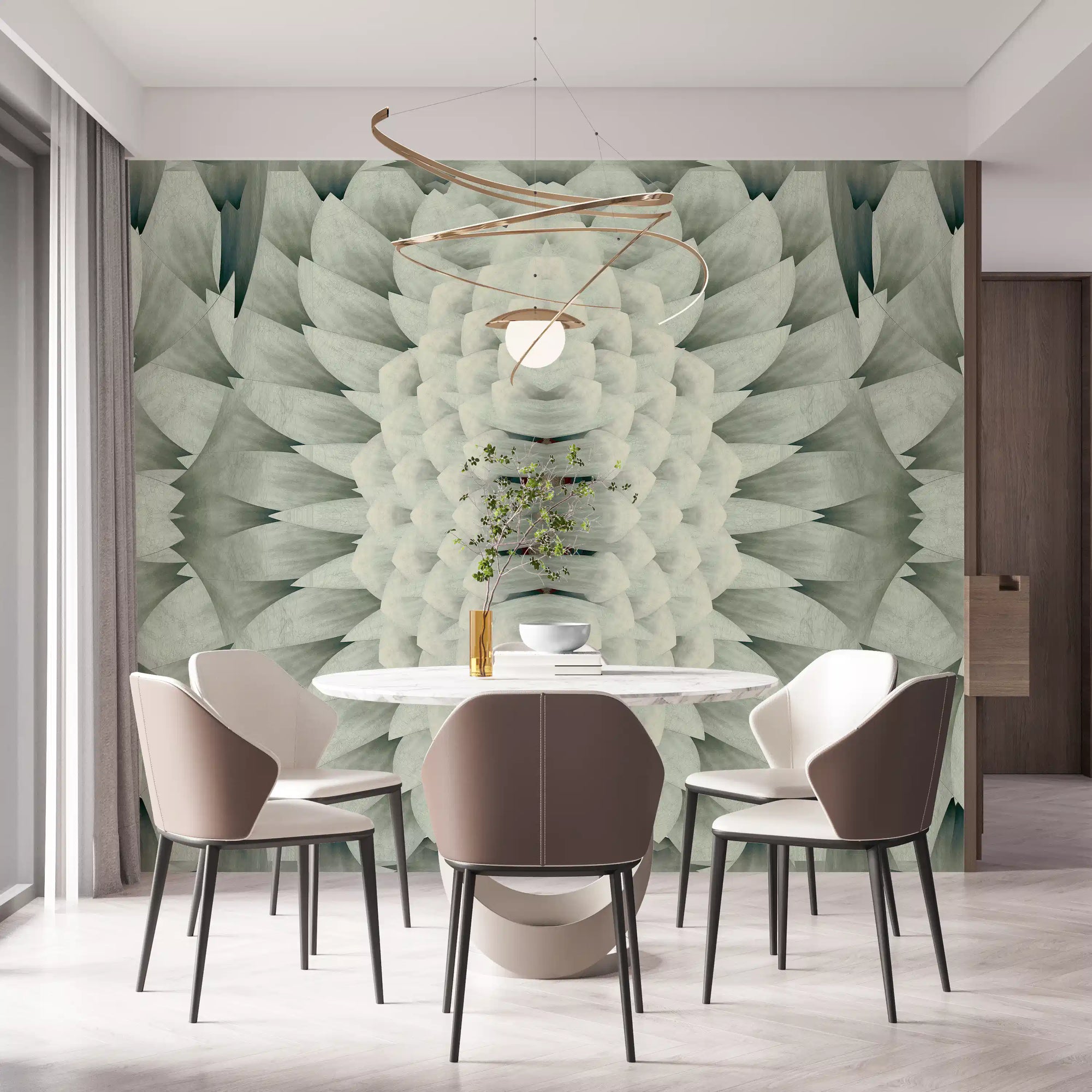 Pale sculptural petals open across the Gardenia wall mural behind a dining room GD12090