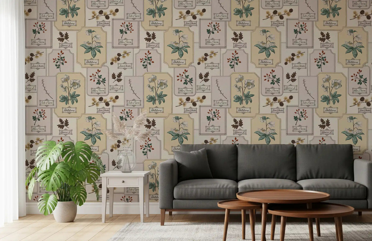Framed botanical labels warm a living room, winter specimen wallpaper in beige, GD12091