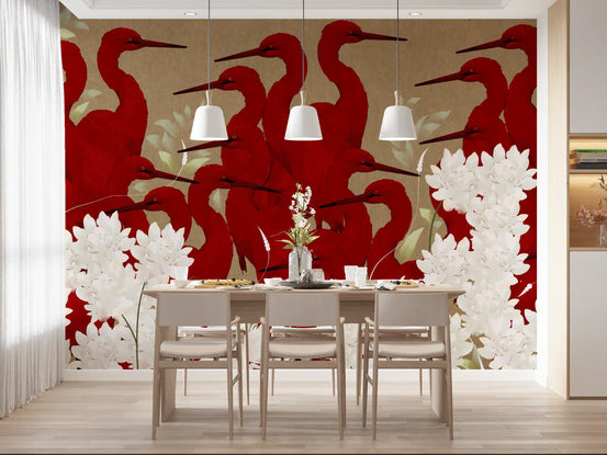 Crimson Herons wall mural rising over white blossoms in a dining room GD12092
