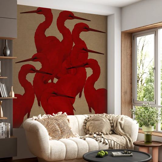 Scarlet Flock wall mural sets a living room with tall red herons GD12094