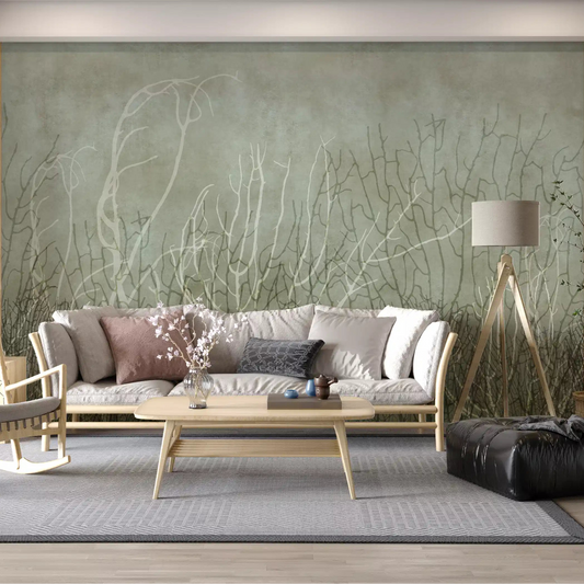Green and sepia coral fans span a Living room as an Ocean Brine wall mural GD12103