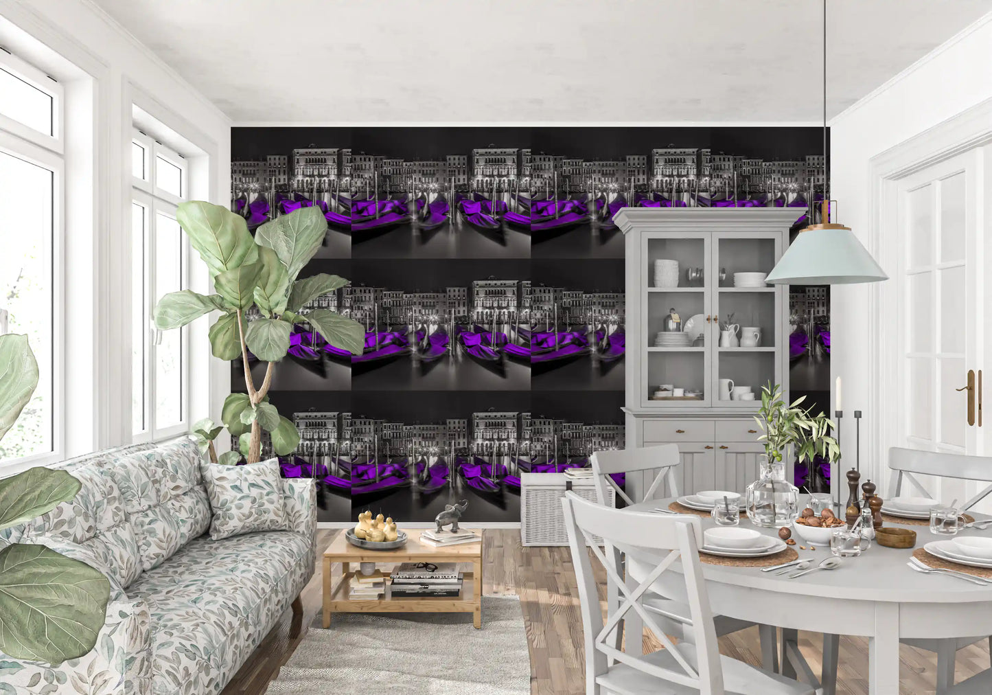 Midnight Venice Gondolas in Purple Wallpaper⁠