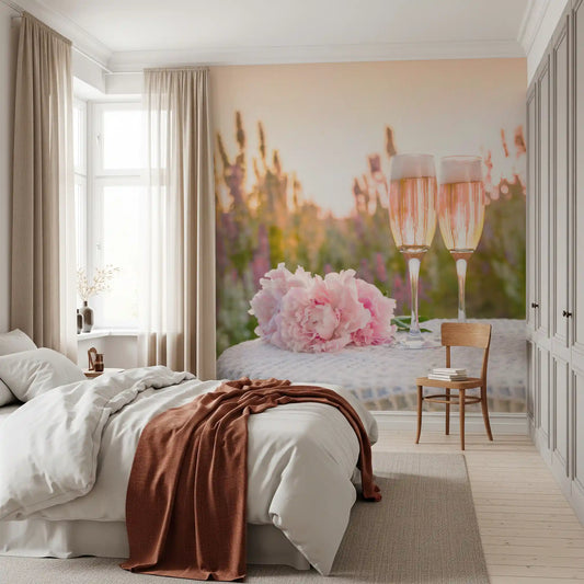 Peonies and meadow light warm a bedroom, Peony Celebration wall mural. GD12117