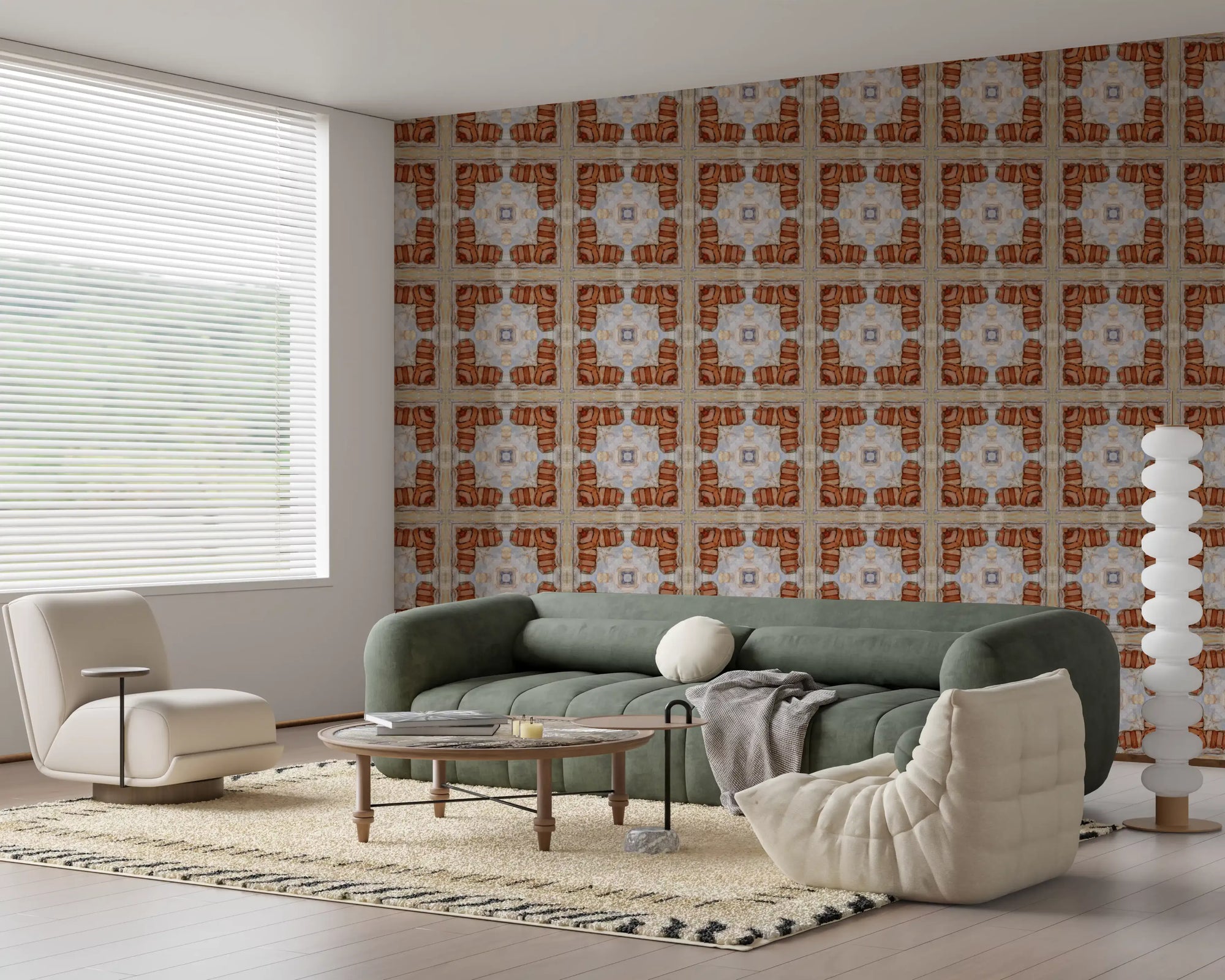 Terracotta tiles wrap a living room in the Aged Masonry Mosaic wallpaper. GD12133