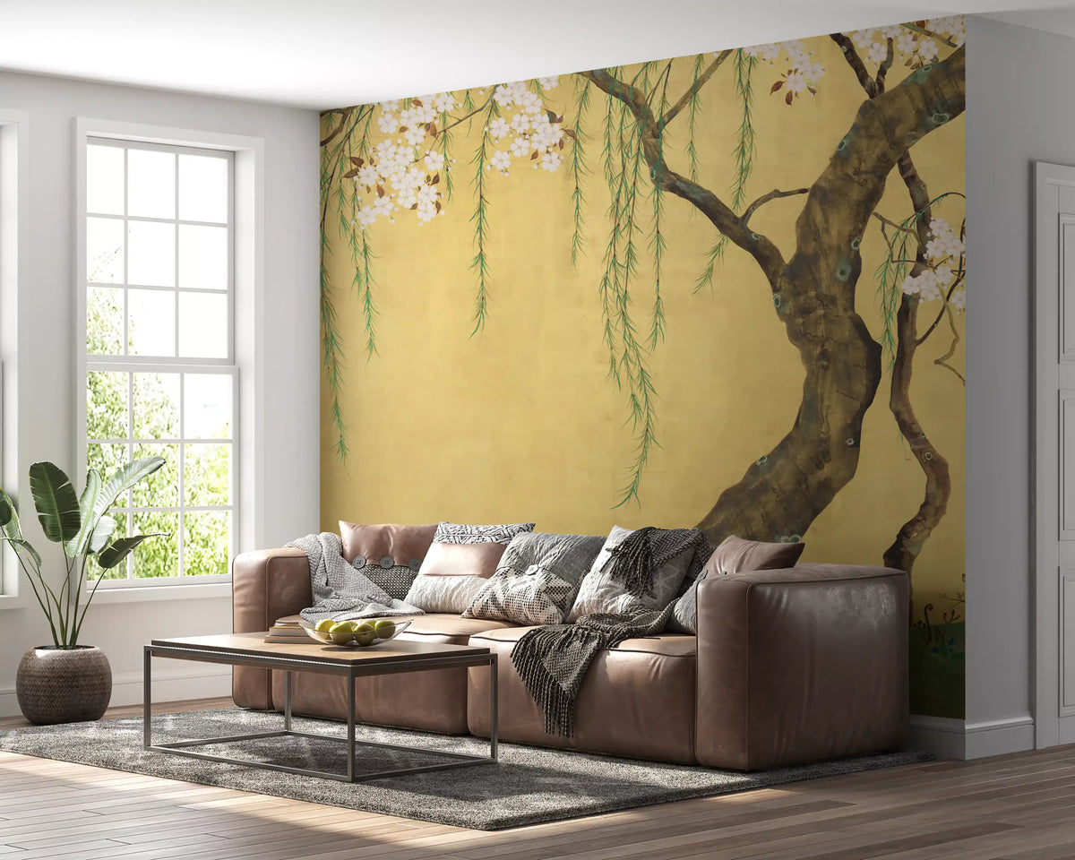 Golden ground warms a living room in the Willow and Blossom Garden wall mural. GD12156