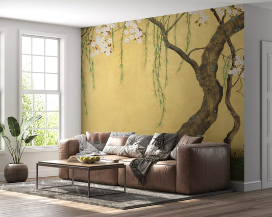 Golden ground warms a living room in the Willow and Blossom Garden wall mural. GD12156