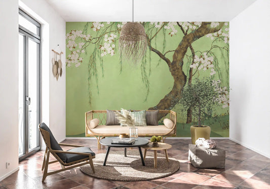 Living room grounded by the weeping cherry blossom wall mural GD12157