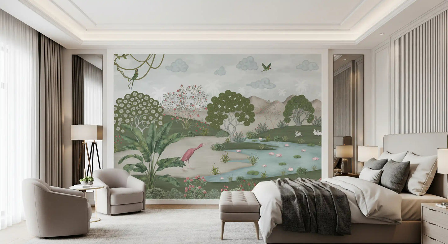 Serene Jungle Stream Illustration Wall Mural