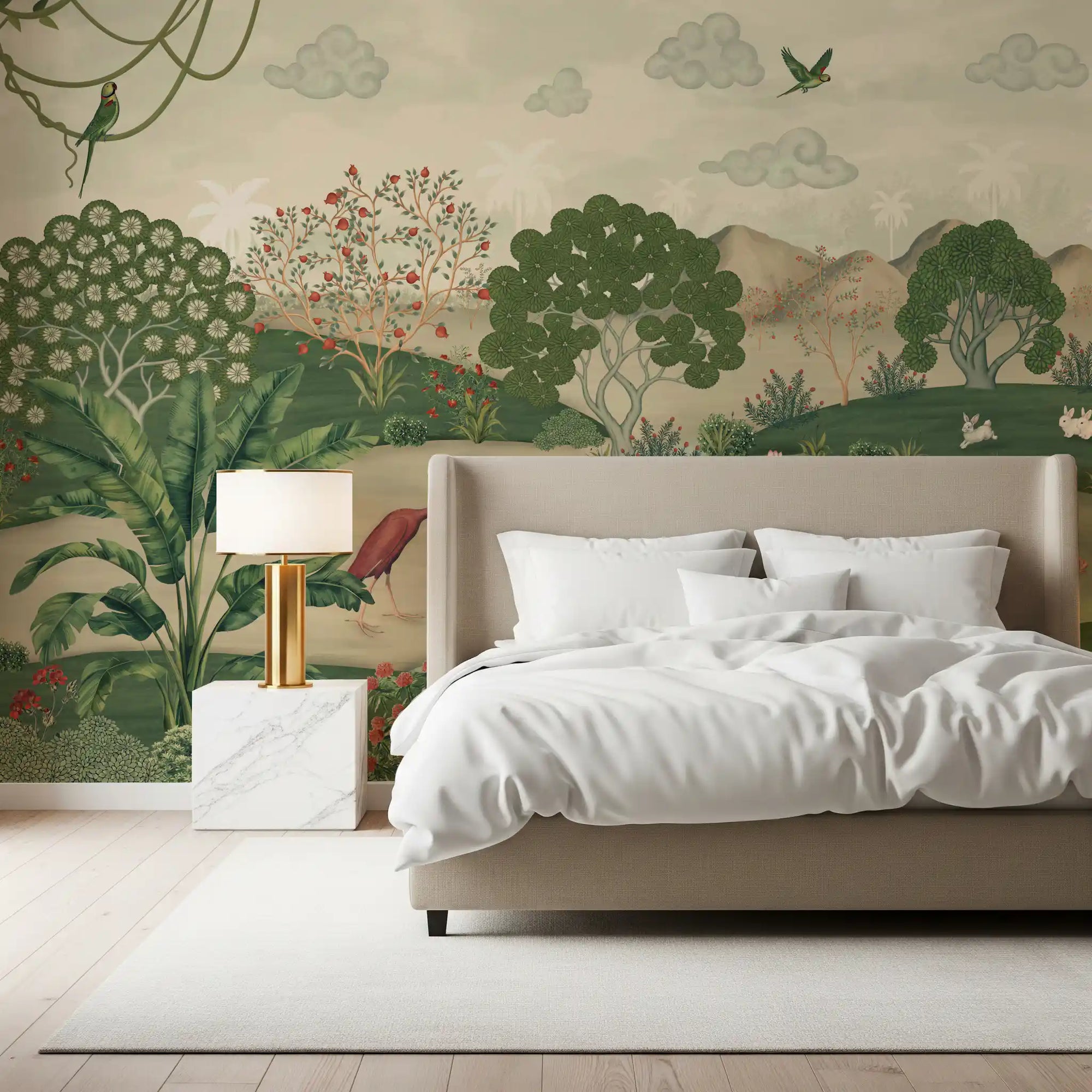 Botanical heron meadow wall mural calms a green bedroom GD12166
