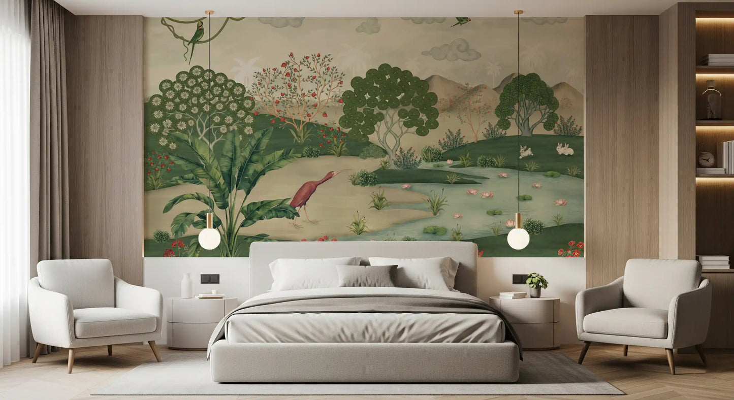 Botanical Heron Meadow Wall Mural