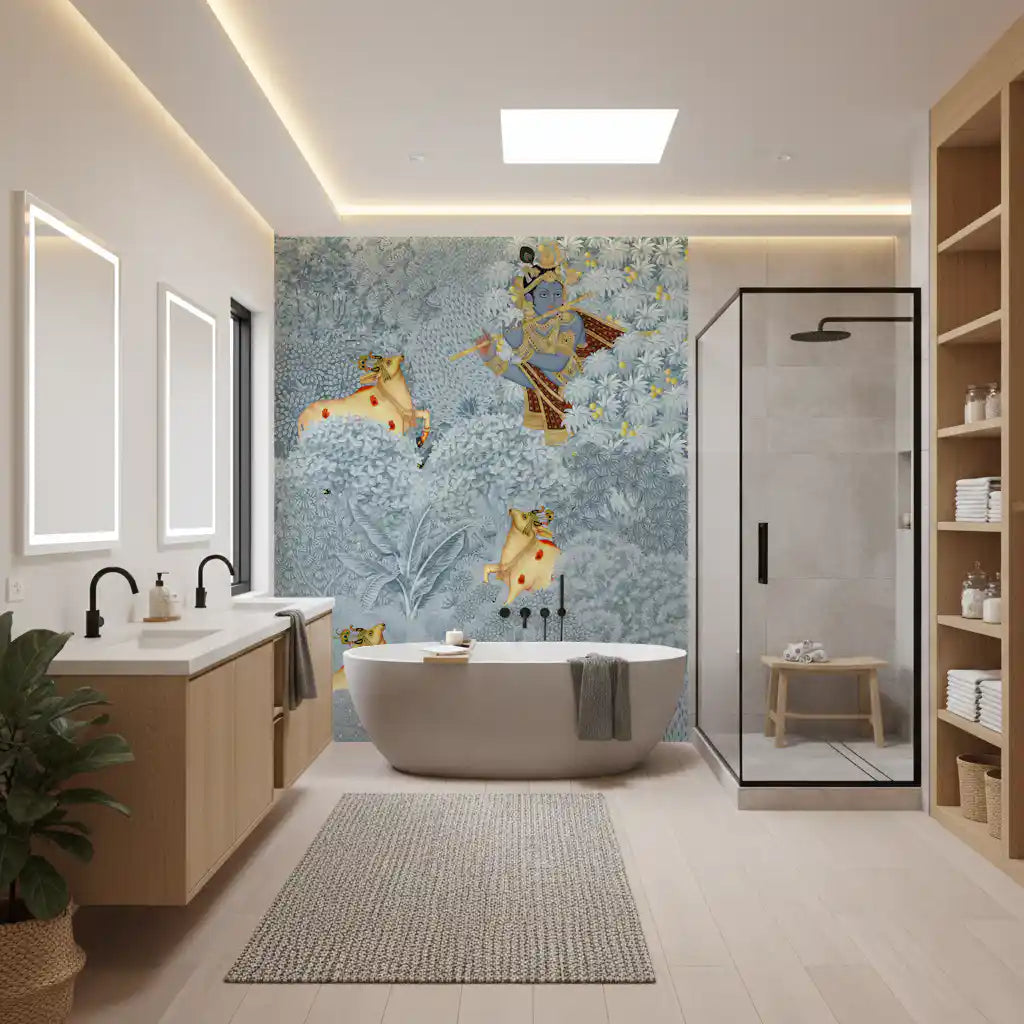 Krishna and Cows Forest Scene Wall Mural