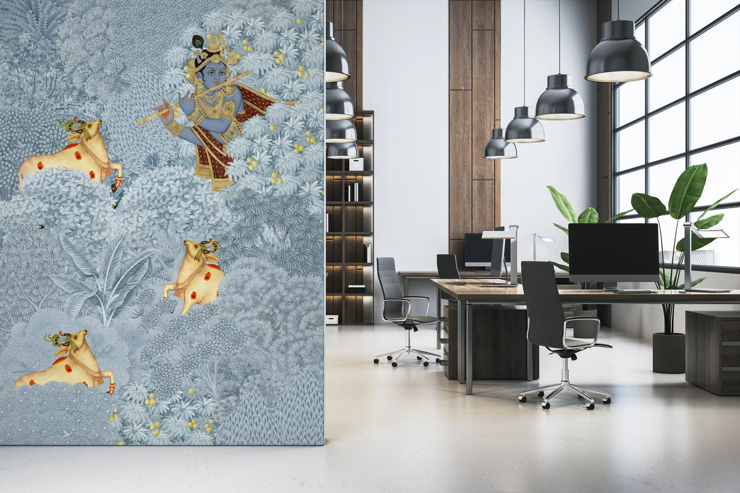 Krishna and Cows Forest Scene Wall Mural
