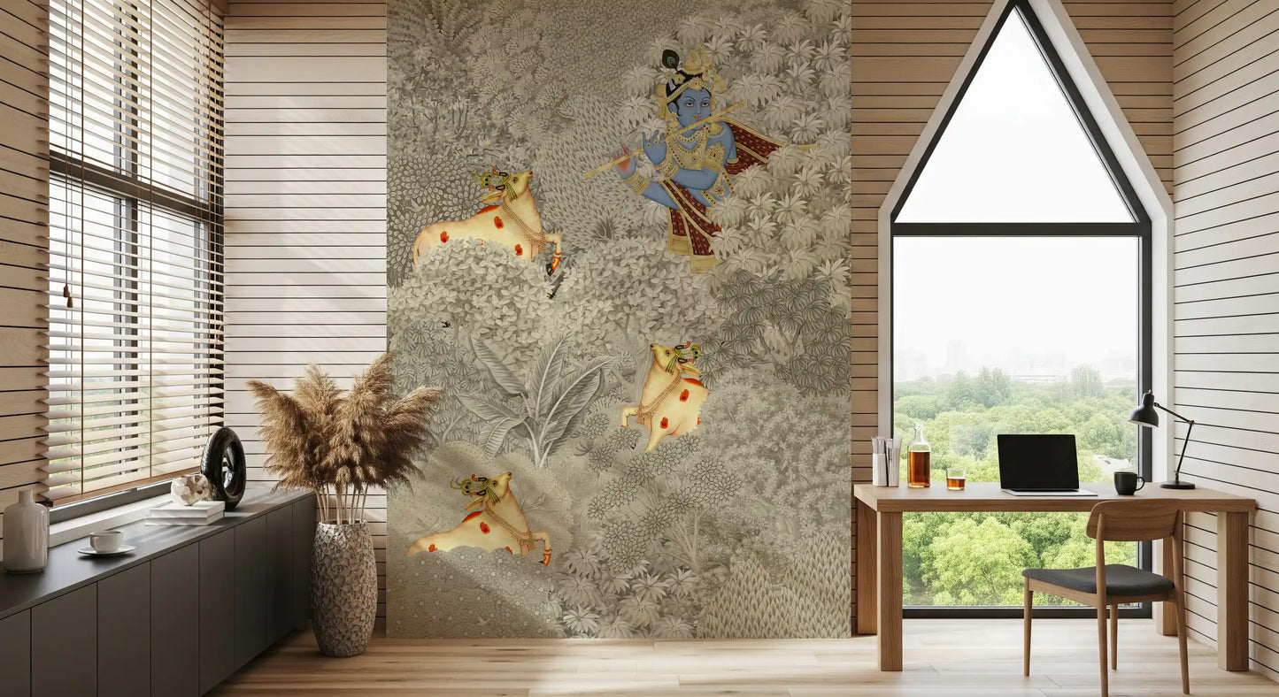 Krishna and Cows Forest Scene Wall Mural