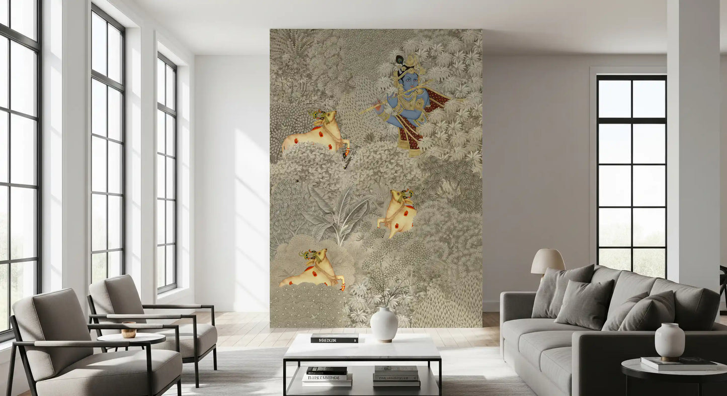 Krishna and Cows Forest Scene Wall Mural