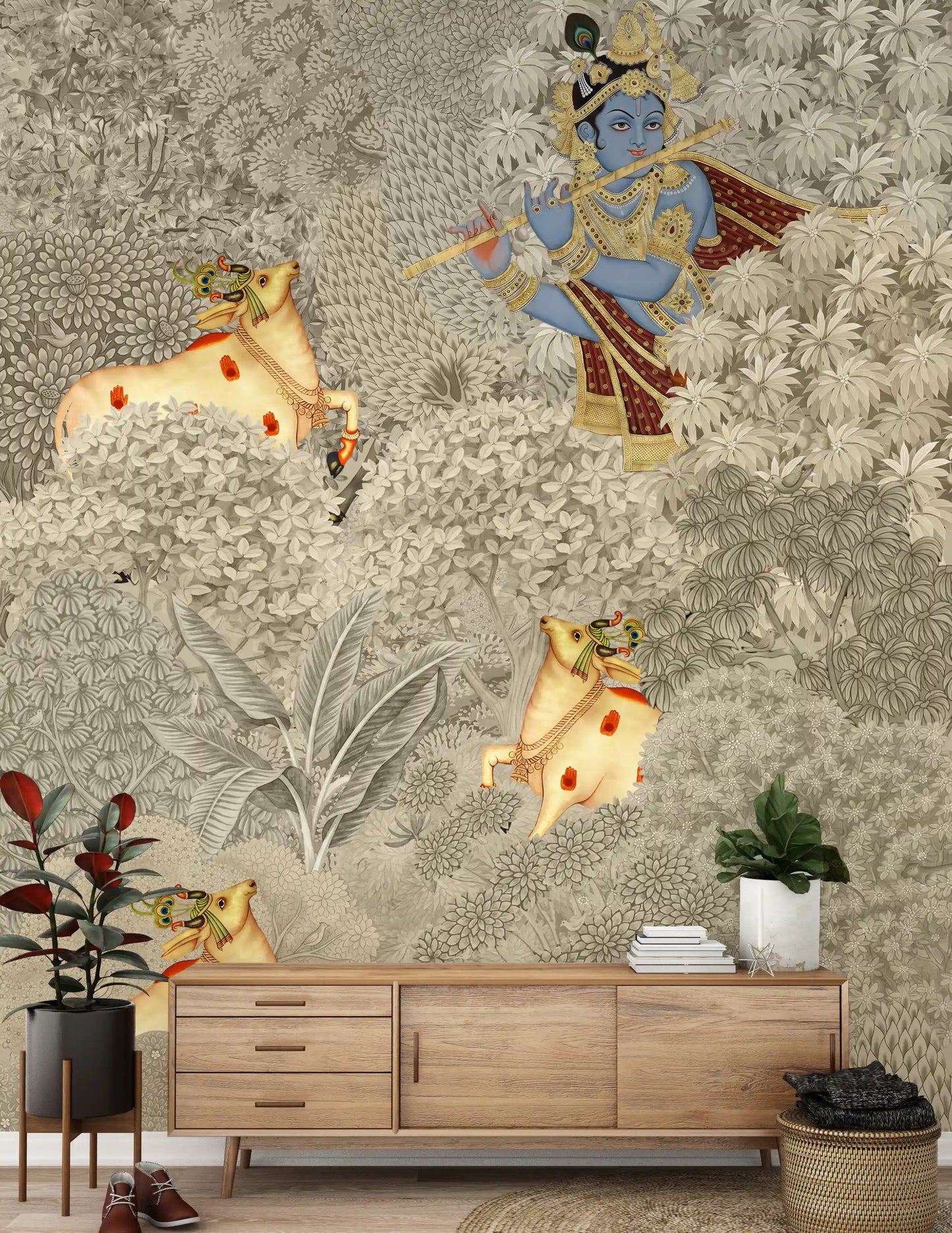Krishna and Cows Forest Scene Wall Mural