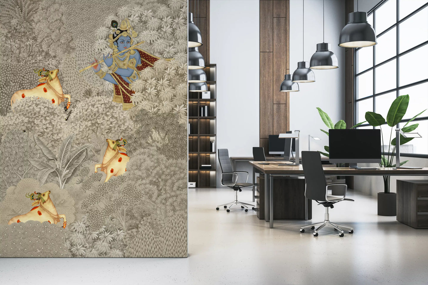 Krishna and Cows Forest Scene Wall Mural