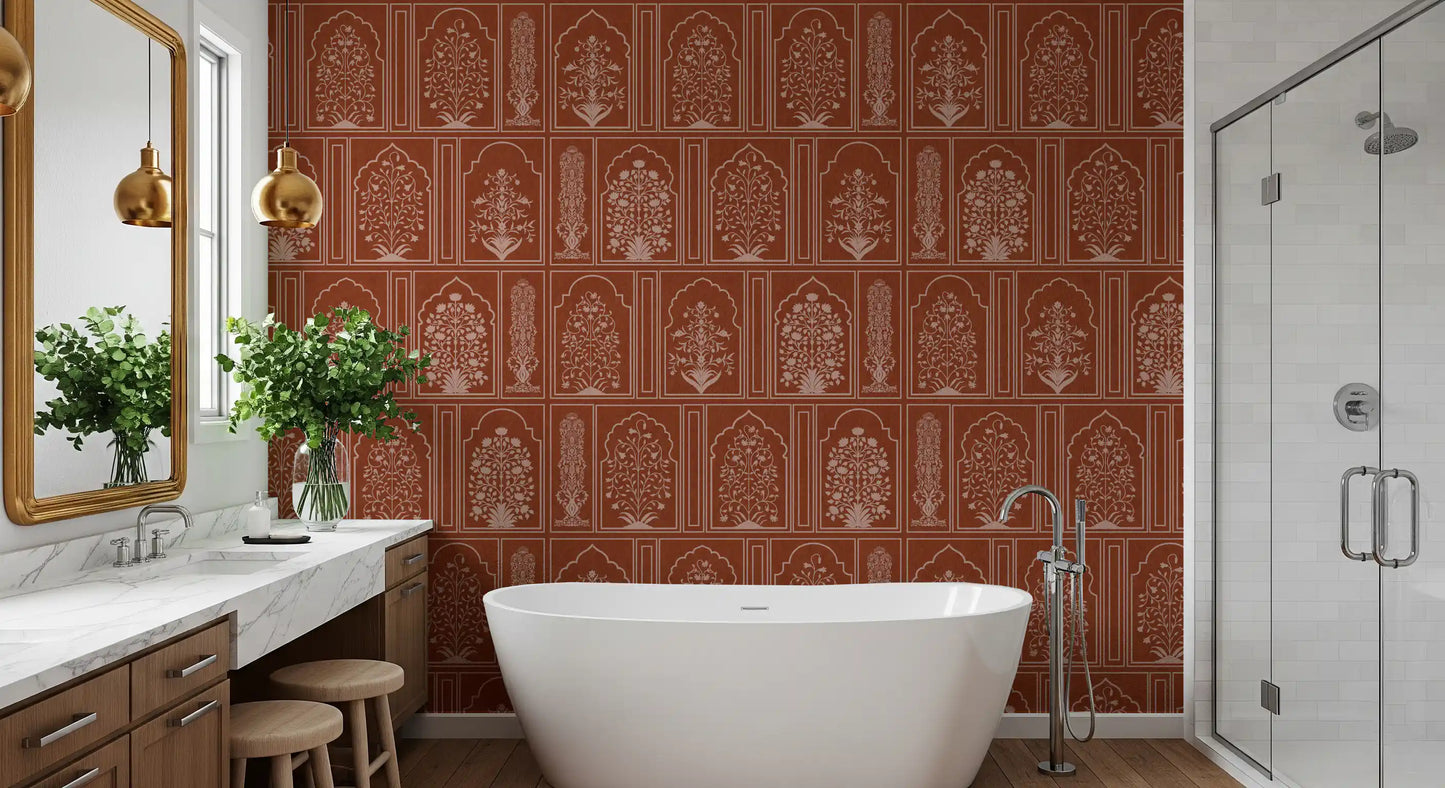 Mughal Terracotta Floral Archway Wall Mural