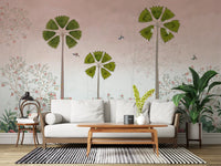 Misty Tropical Palms and Pomegranate Grove Wall Mural