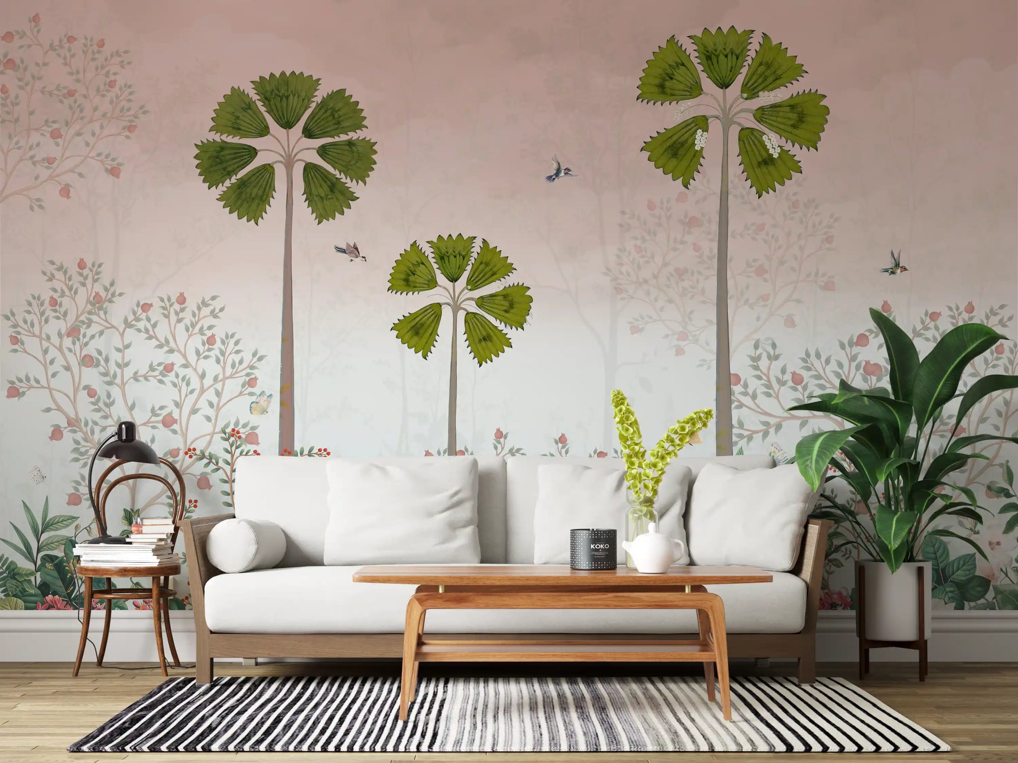 Misty Tropical Palms and Pomegranate Grove Wall Mural