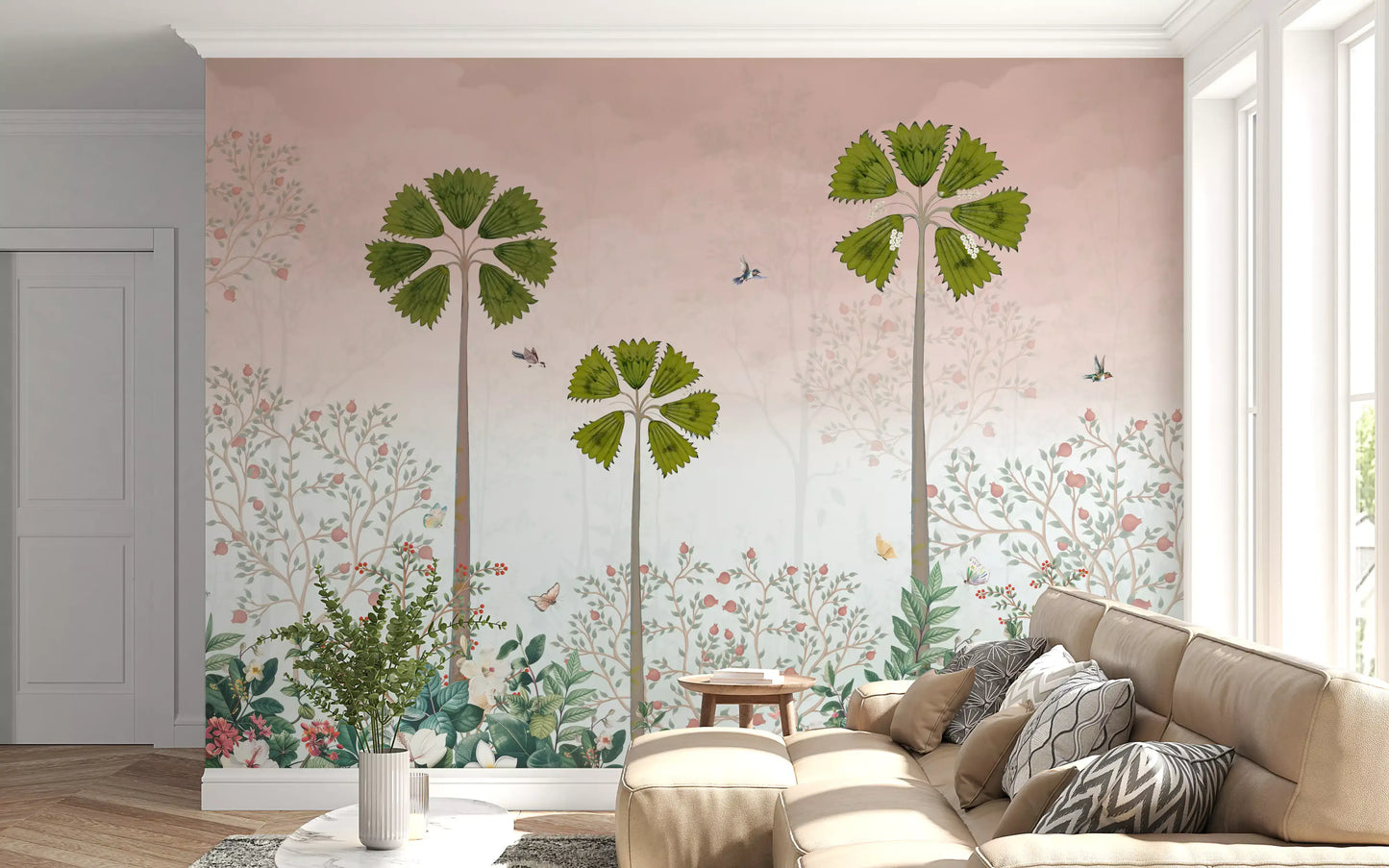 Misty Tropical Palms and Pomegranate Grove Wall Mural