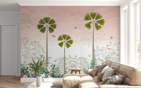 Misty Tropical Palms and Pomegranate Grove Wall Mural