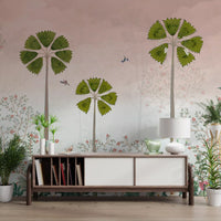 Misty Tropical Palms and Pomegranate Grove Wall Mural