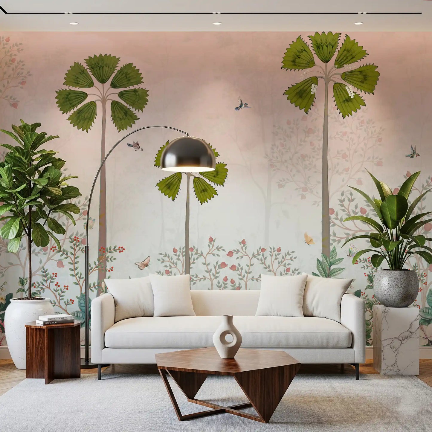 Misty Tropical Palms and Pomegranate Grove Wall Mural