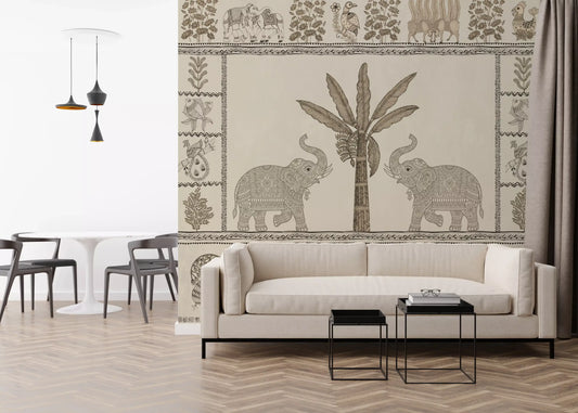 Heritage elephant tree scene wall mural calms a neutral living room GD12182
