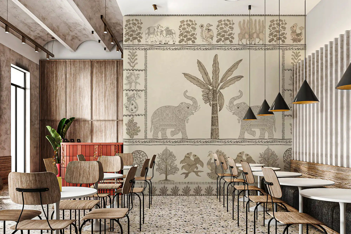 Indian Heritage Elephant and Tree Scene Wall Mural