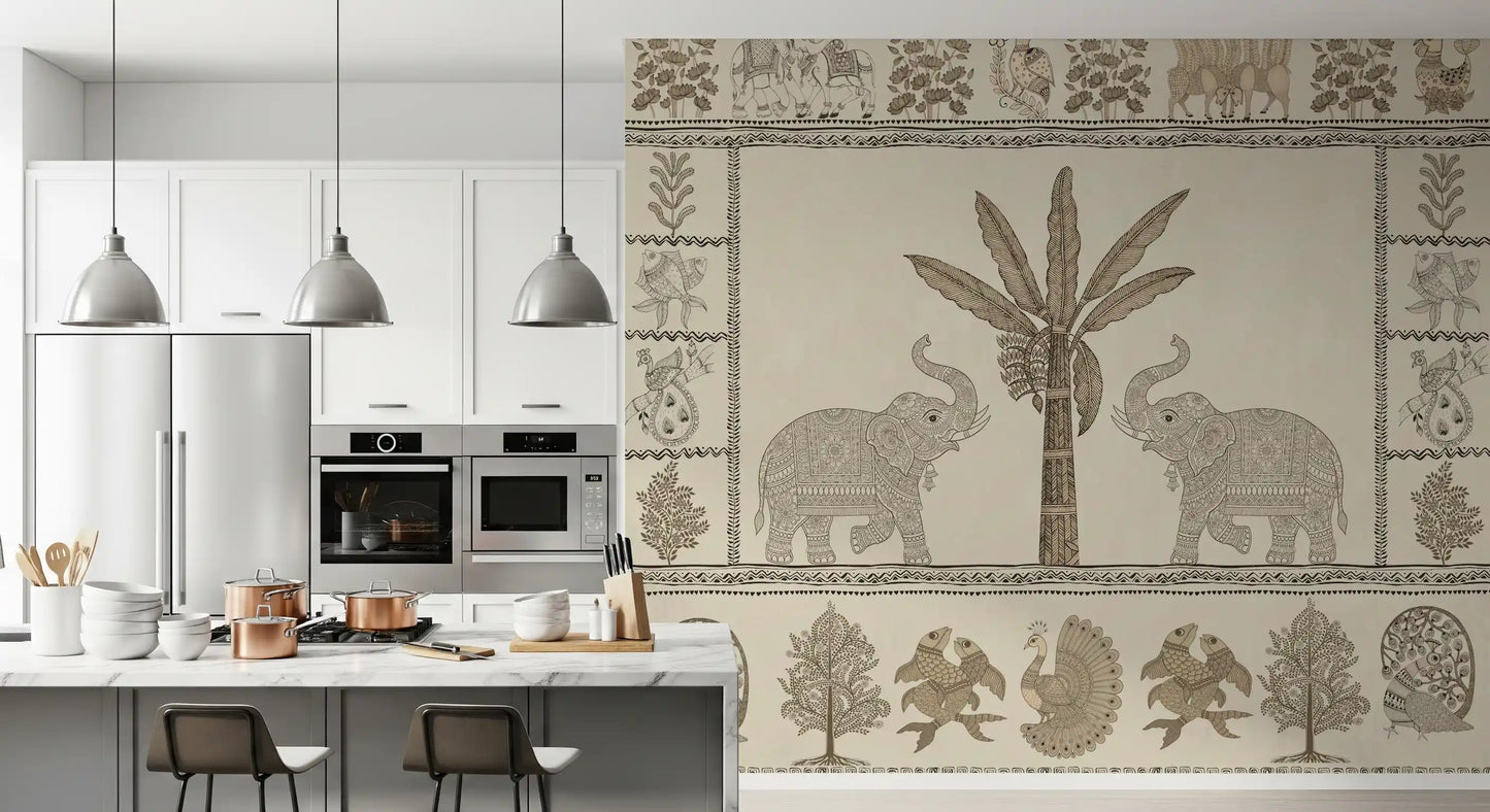 Indian Heritage Elephant and Tree Scene Wall Mural