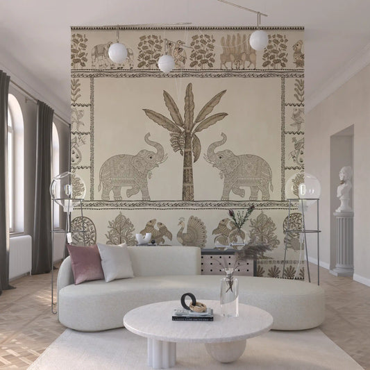 Two elephants face a tree on this wall mural in a living room  GD12182
