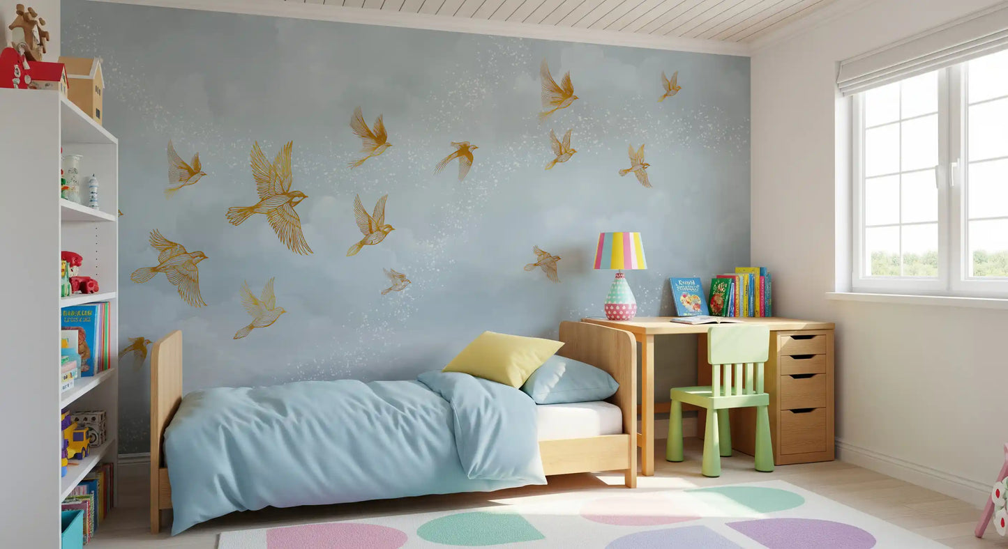Golden Avian Flight in Misty Clouds Wall Mural