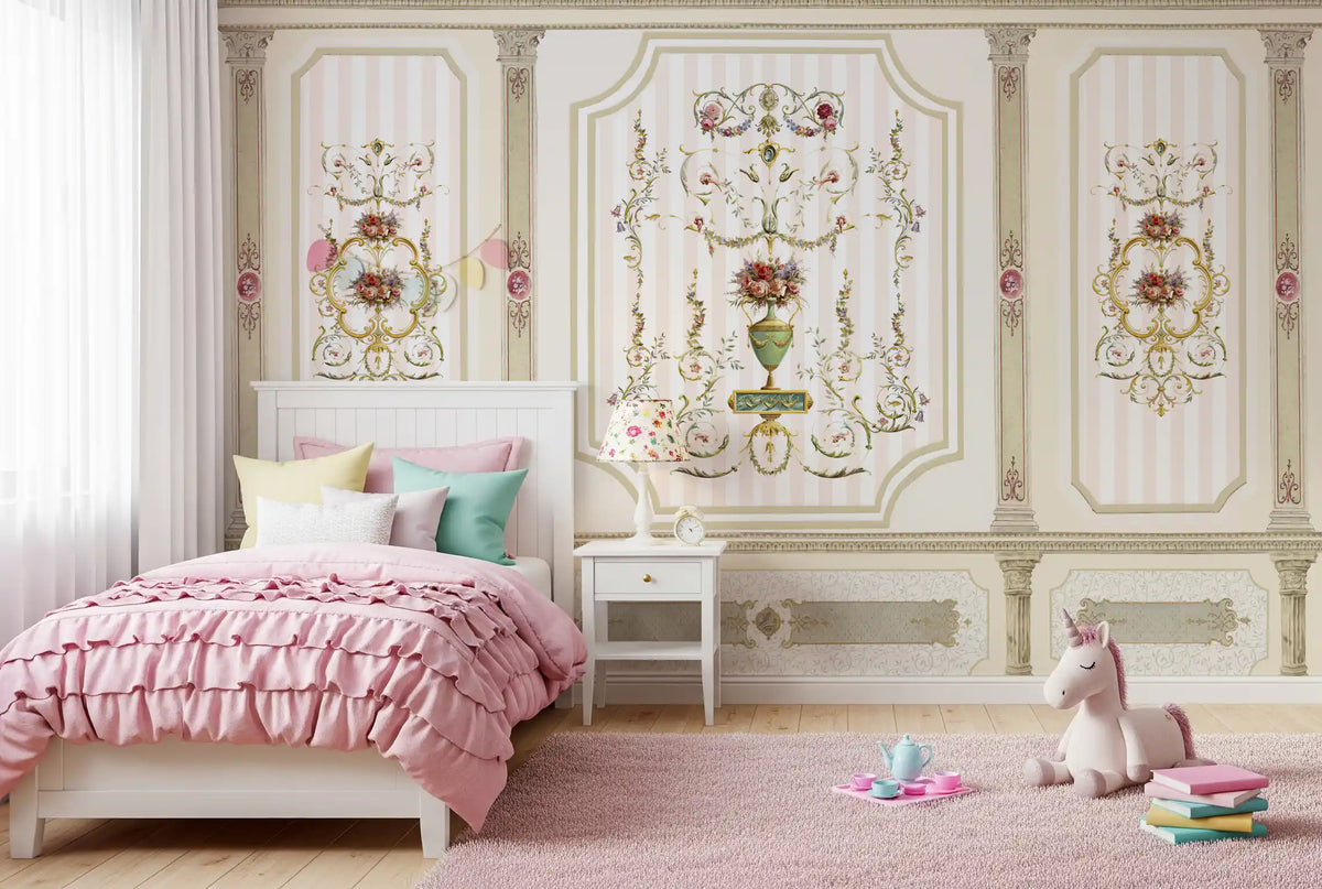 Regal urn motif wall mural crowns a pretty pink bedroom GD12190
