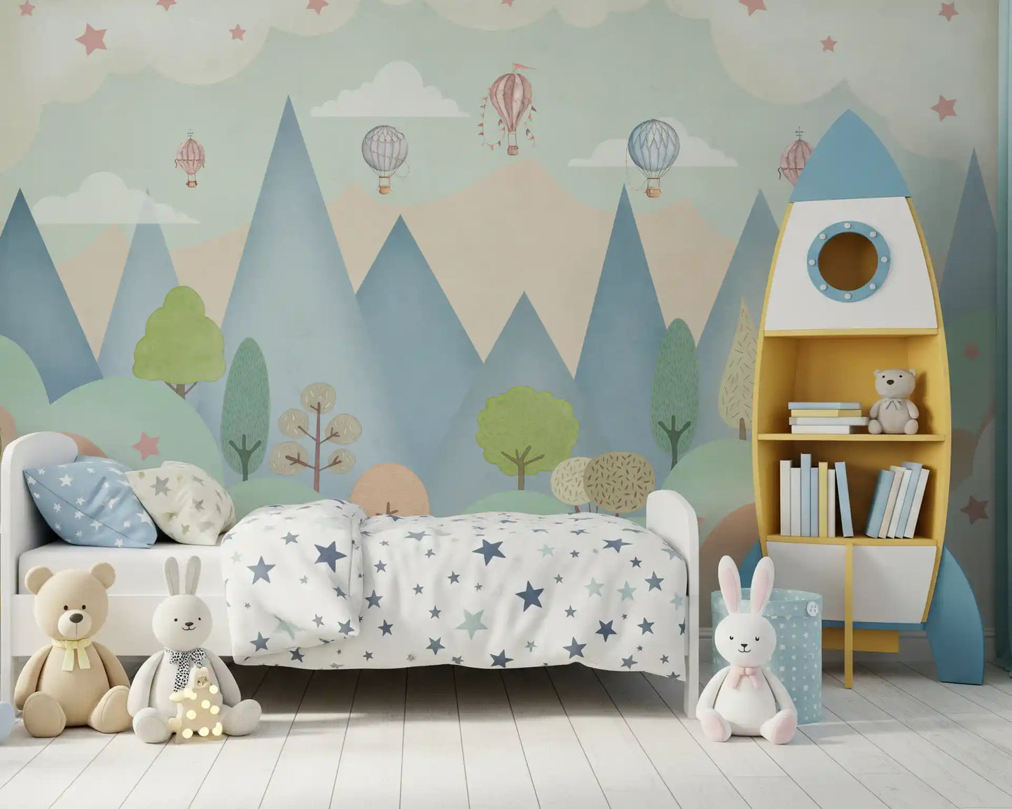 Dreamy Hot Air Balloon Mountain Adventure Wall Mural