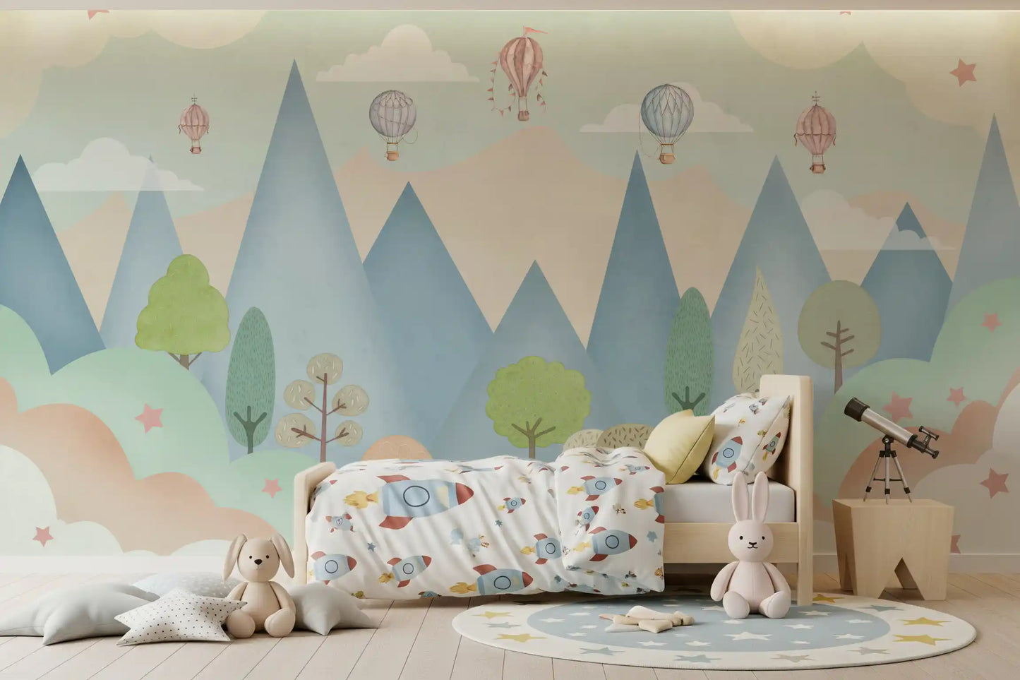 Dreamy Hot Air Balloon Mountain Adventure Wall Mural