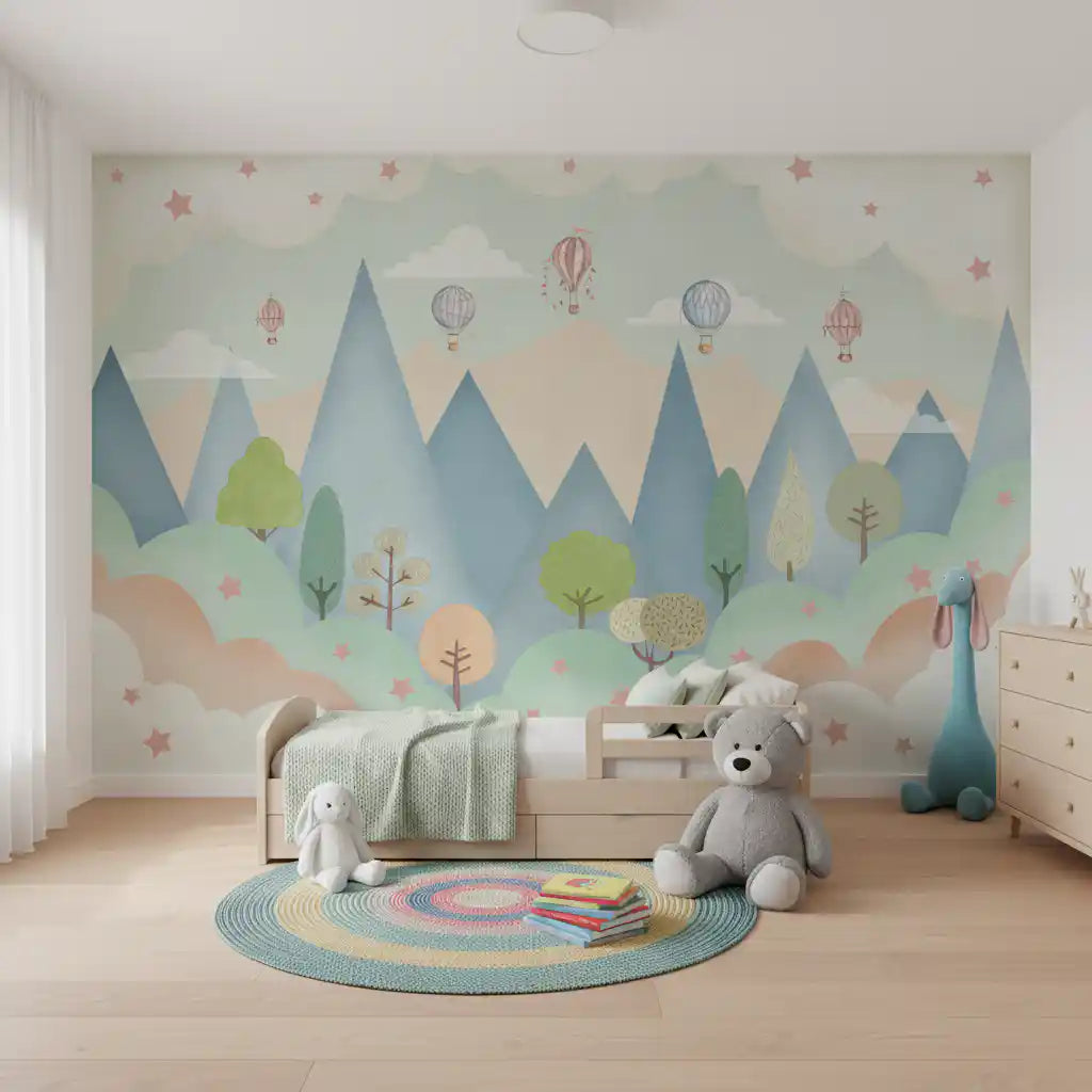 Dreamy Hot Air Balloon Mountain Adventure Wall Mural