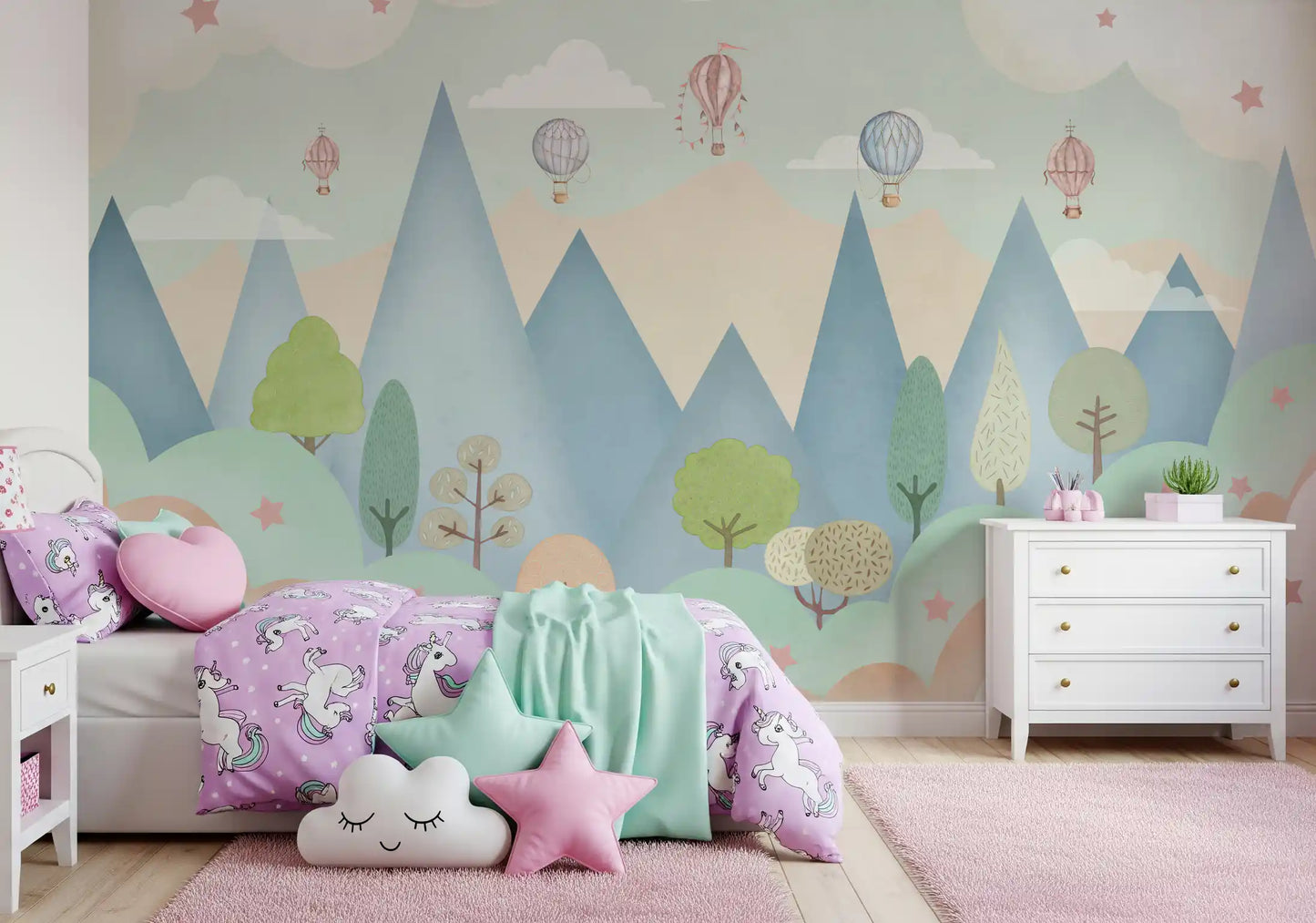 Dreamy Hot Air Balloon Mountain Adventure Wall Mural